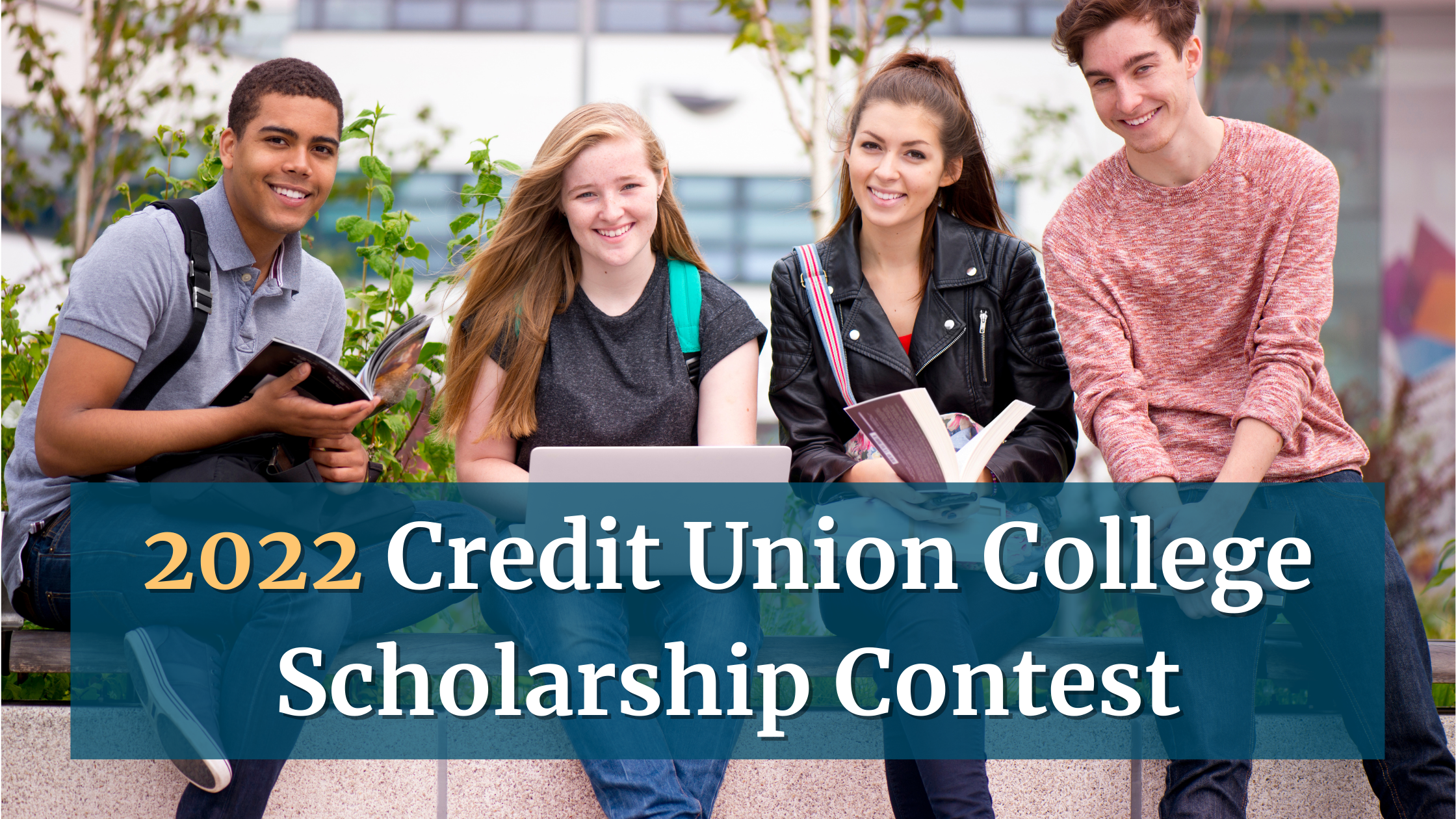 2022 AFFCU College Scholarship Contest banner - students sitting on wall on campus