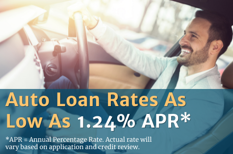 Man smiling in driver's seat of car. Auto Loan rates as low as 1.24% APR*