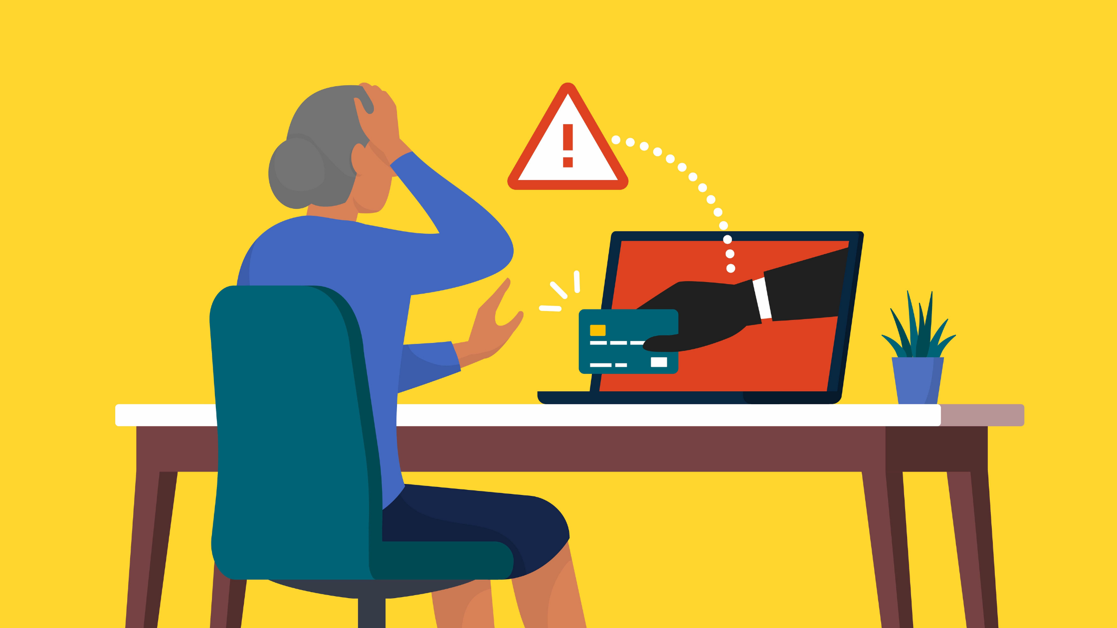 Animated drawing of woman sitting at desk with computer realizing there is card fraud