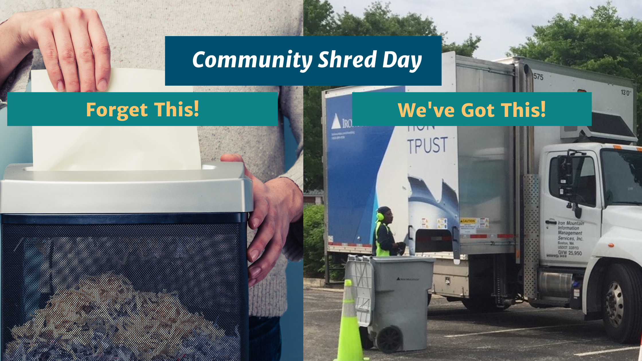 AFFCU community shred event blog banner - hand shredder versus truck shredder image